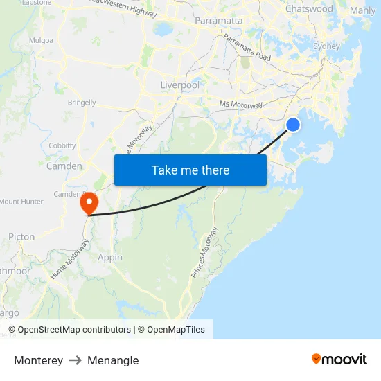 Monterey to Menangle map