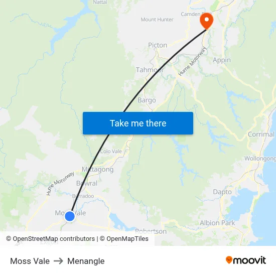 Moss Vale to Menangle map