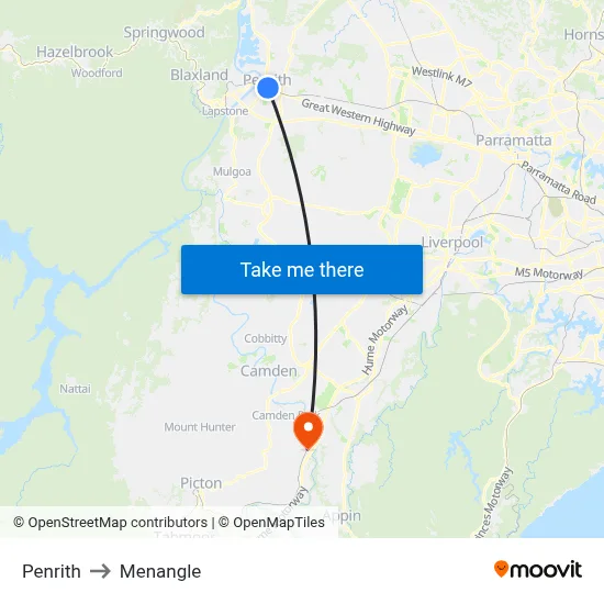 Penrith to Menangle map
