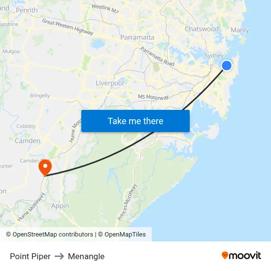 Point Piper to Menangle map