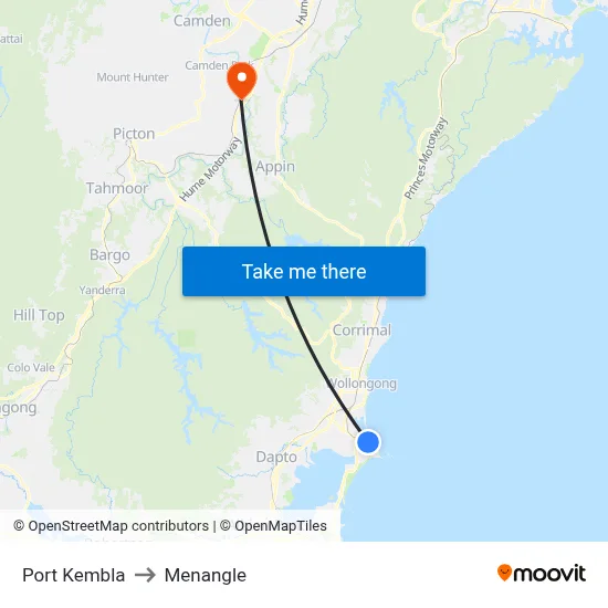 Port Kembla to Menangle map