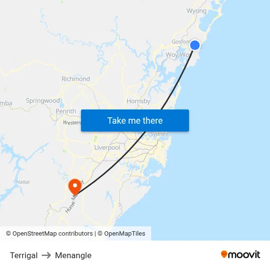 Terrigal to Menangle map