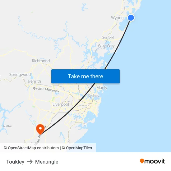 Toukley to Menangle map