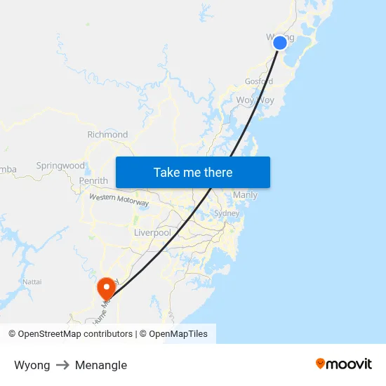 Wyong to Menangle map