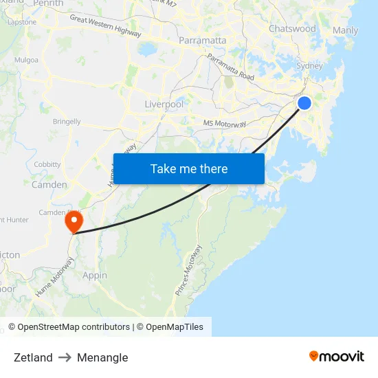 Zetland to Menangle map