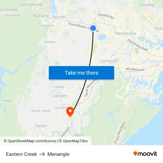 Eastern Creek to Menangle map