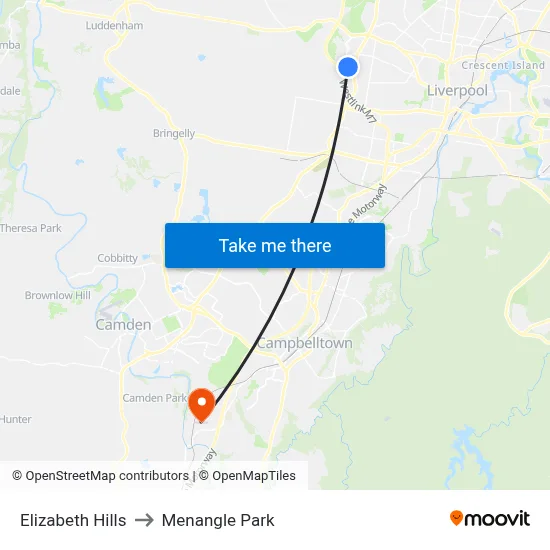 Elizabeth Hills to Menangle Park map