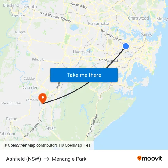 Ashfield (NSW) to Menangle Park map