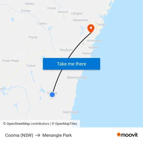 Cooma (NSW) to Menangle Park map