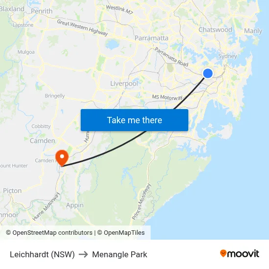 Leichhardt (NSW) to Menangle Park map