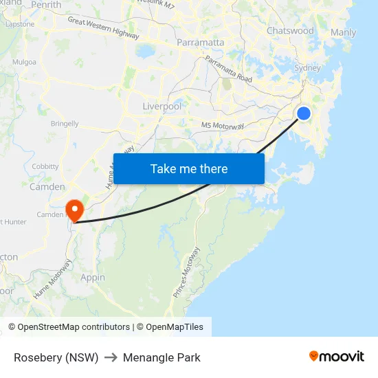 Rosebery (NSW) to Menangle Park map