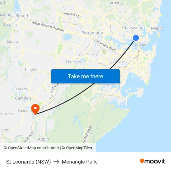St Leonards (NSW) to Menangle Park map