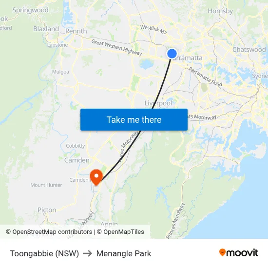 Toongabbie (NSW) to Menangle Park map