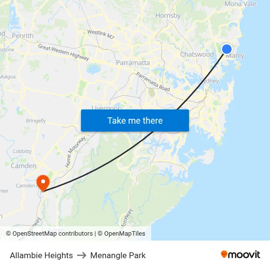 Allambie Heights to Menangle Park map