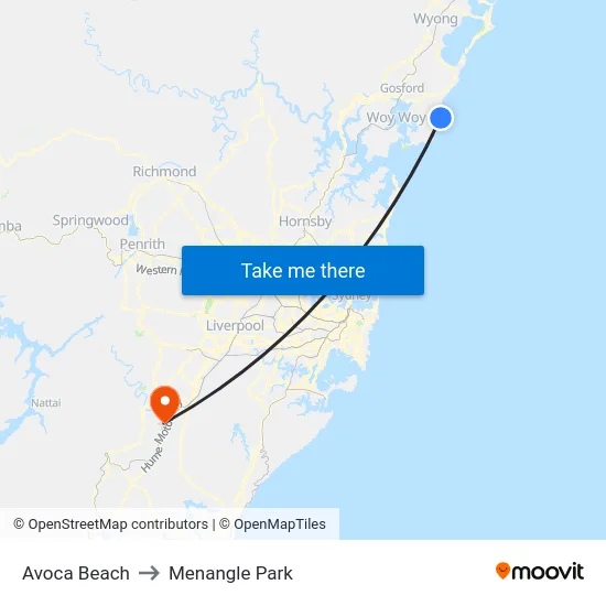 Avoca Beach to Menangle Park map