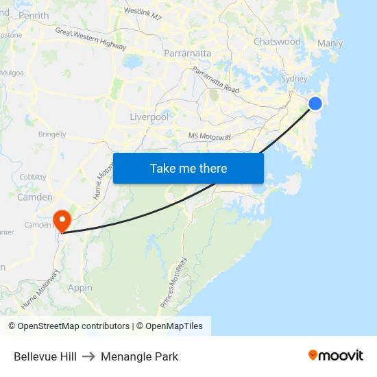 Bellevue Hill to Menangle Park map