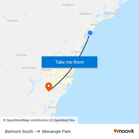 Belmont South to Menangle Park map