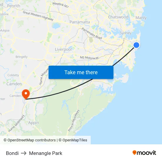 Bondi to Menangle Park map