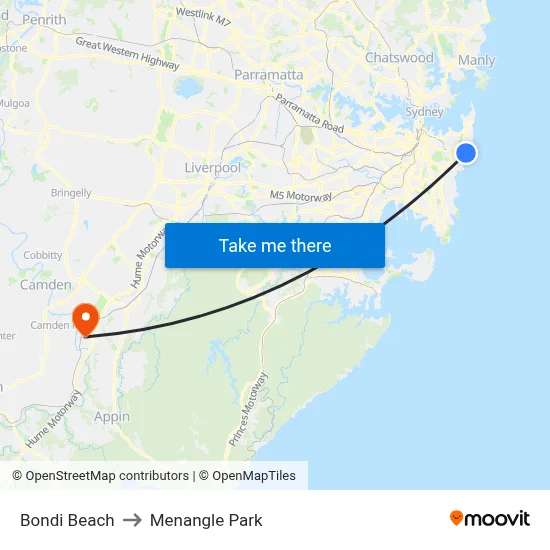 Bondi Beach to Menangle Park map