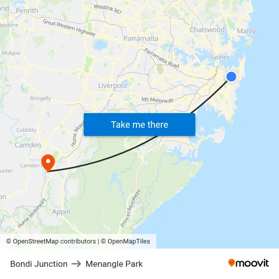 Bondi Junction to Menangle Park map