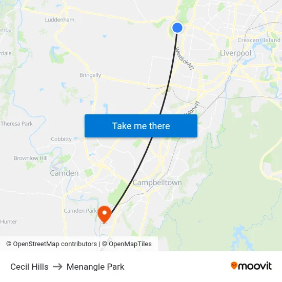 Cecil Hills to Menangle Park map
