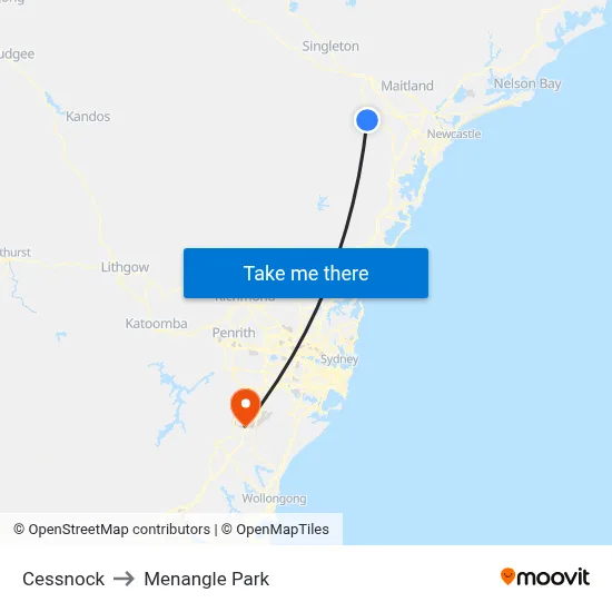 Cessnock to Menangle Park map