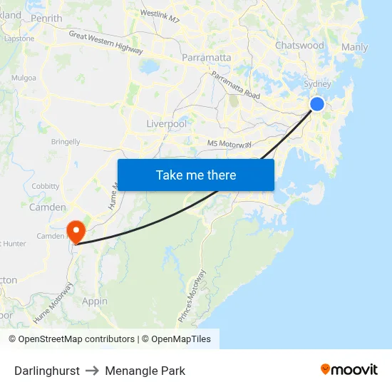Darlinghurst to Menangle Park map