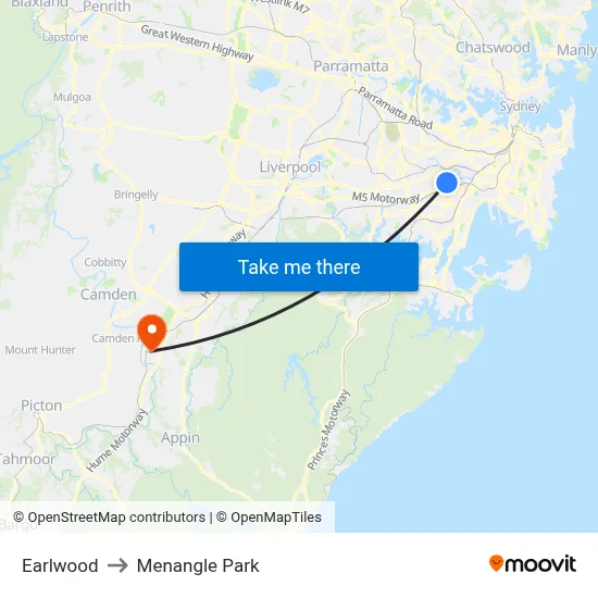 Earlwood to Menangle Park map