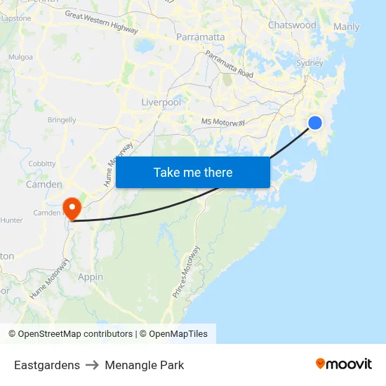 Eastgardens to Menangle Park map