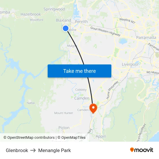 Glenbrook to Menangle Park map