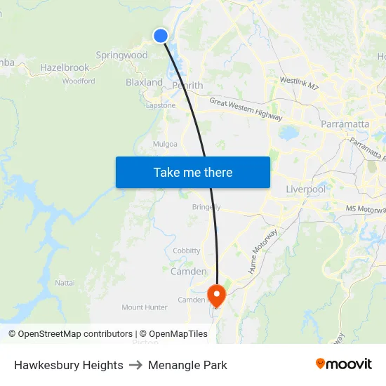 Hawkesbury Heights to Menangle Park map