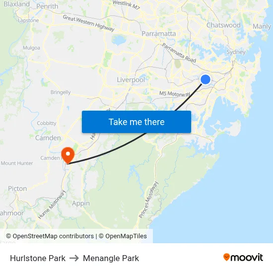 Hurlstone Park to Menangle Park map