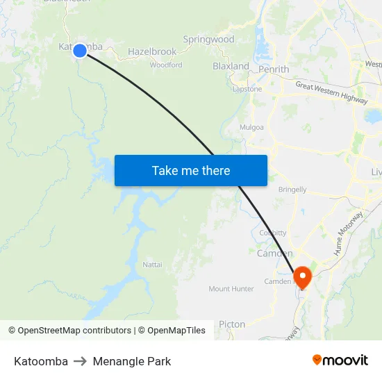 Katoomba to Menangle Park map