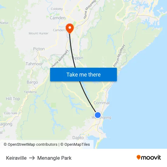Keiraville to Menangle Park map