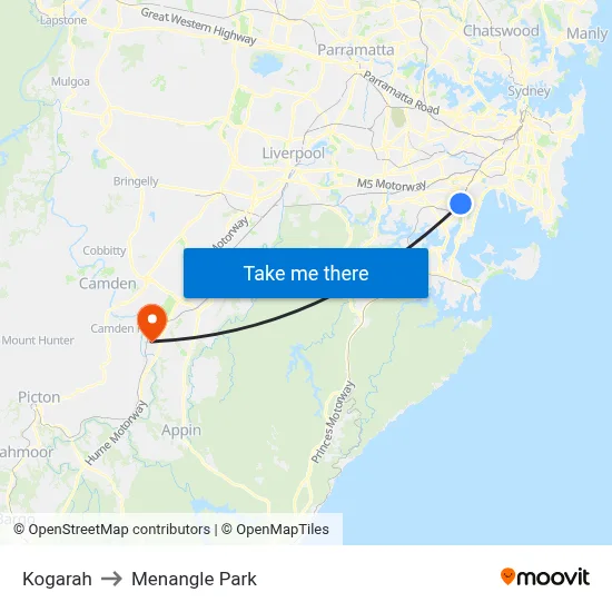 Kogarah to Menangle Park map