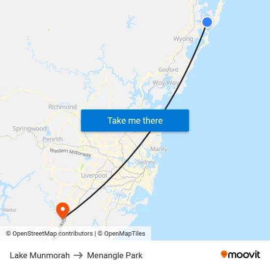 Lake Munmorah to Menangle Park map