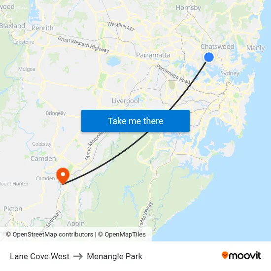 Lane Cove West to Menangle Park map