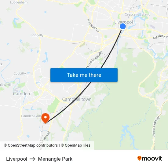 Liverpool to Menangle Park map