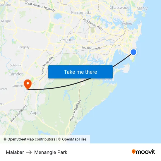 Malabar to Menangle Park map