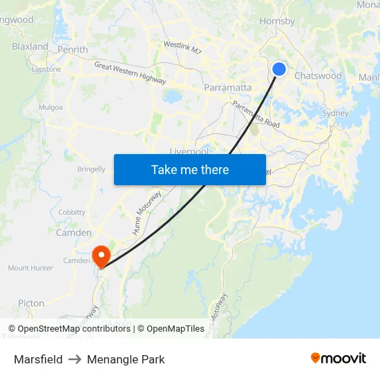 Marsfield to Menangle Park map