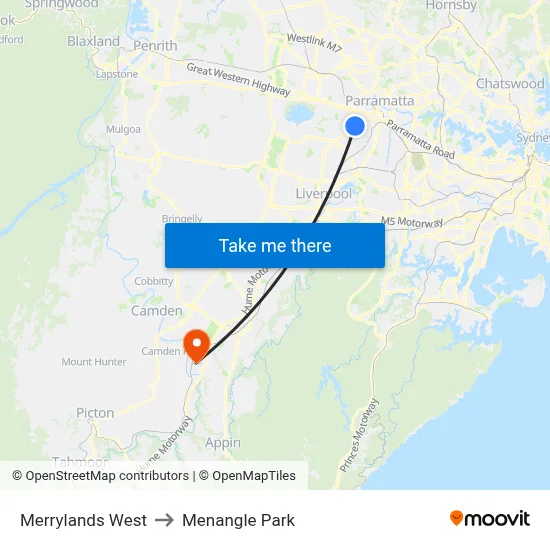 Merrylands West to Menangle Park map