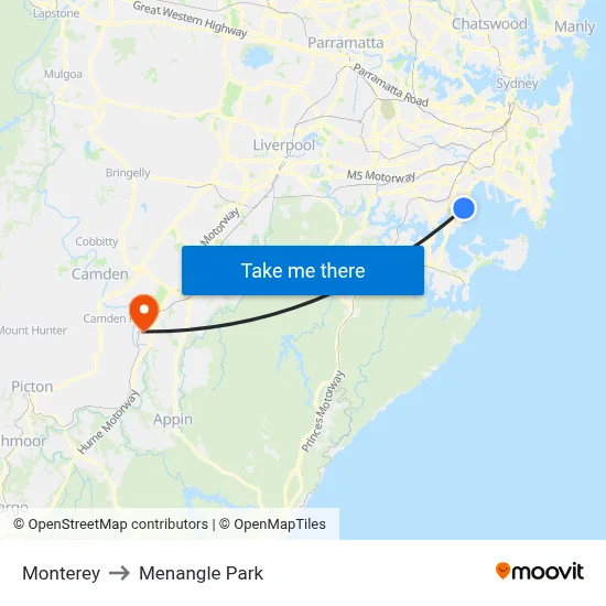Monterey to Menangle Park map