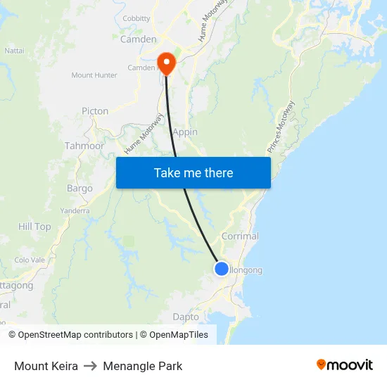 Mount Keira to Menangle Park map