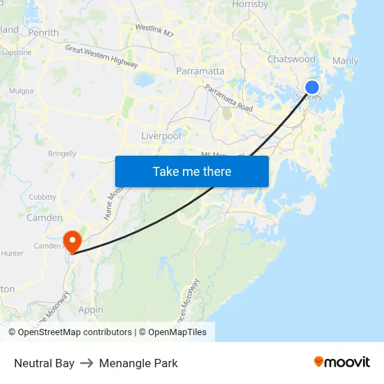 Neutral Bay to Menangle Park map