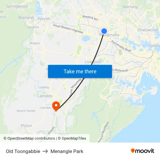 Old Toongabbie to Menangle Park map