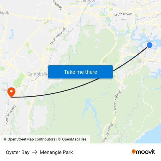 Oyster Bay to Menangle Park map