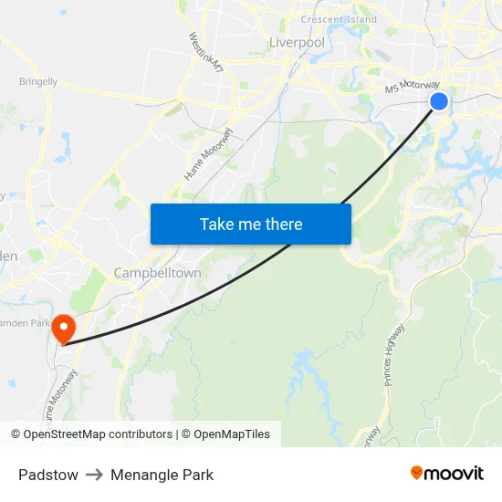 Padstow to Menangle Park map