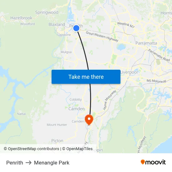 Penrith to Menangle Park map