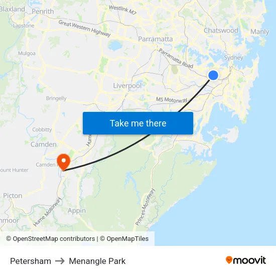 Petersham to Menangle Park map