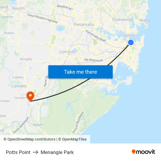 Potts Point to Menangle Park map